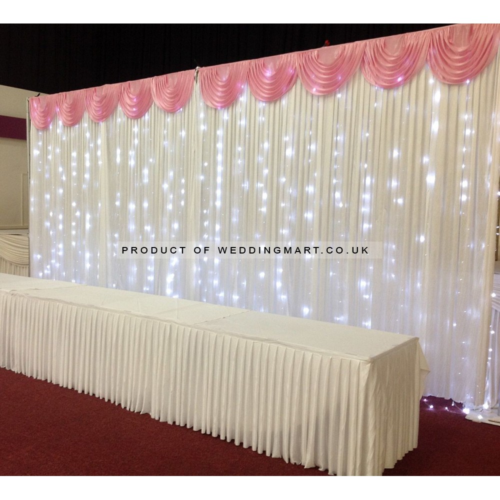 6M Pleated White Wedding Backdrop Curtain with Baby Pink Swag