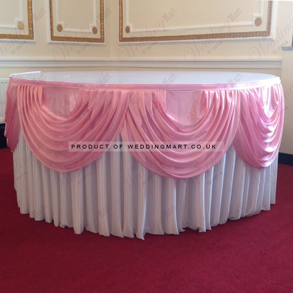 White Cake Table Skirt Package – Wholesale Table Skirt with Swags for Wedding Decorators | WeddingMart