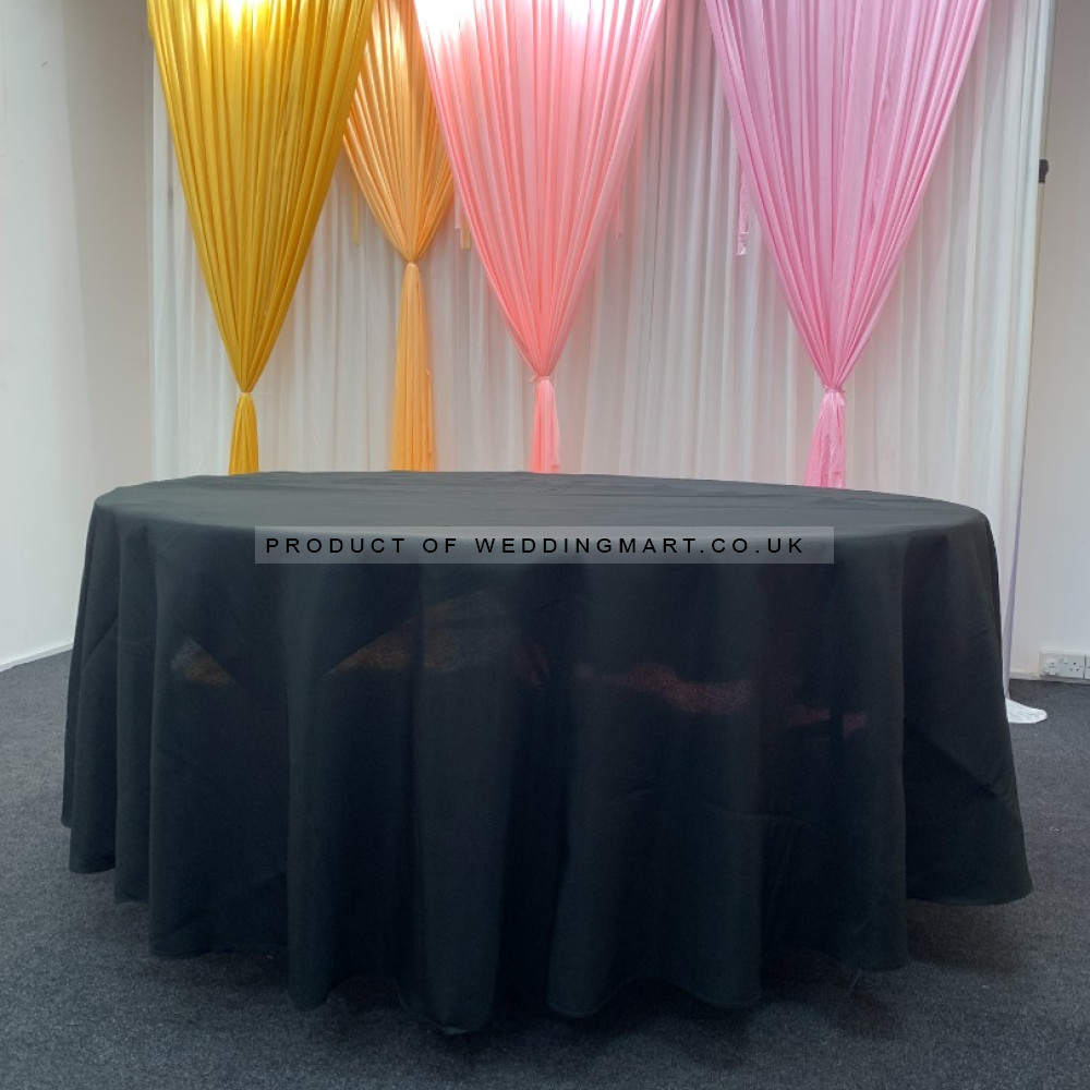 132 inch Round Polyester Table Cloths - Black – Wholesale Polyester Tablecloths for Wedding Decorators | WeddingMart