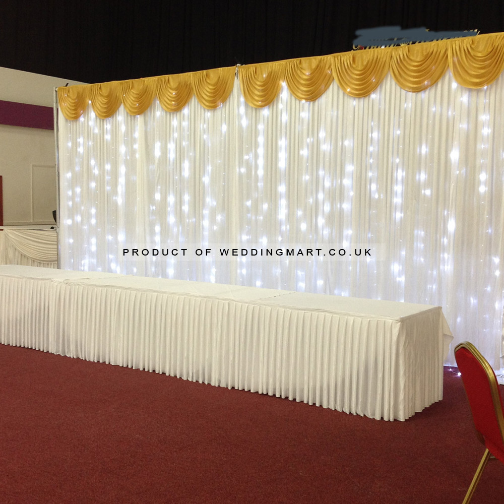 6m White Wedding Backdrop Curtain with Gold Detachable Swag – Wholesale Backdrops with Swags for Wedding Decorators | WeddingMart
