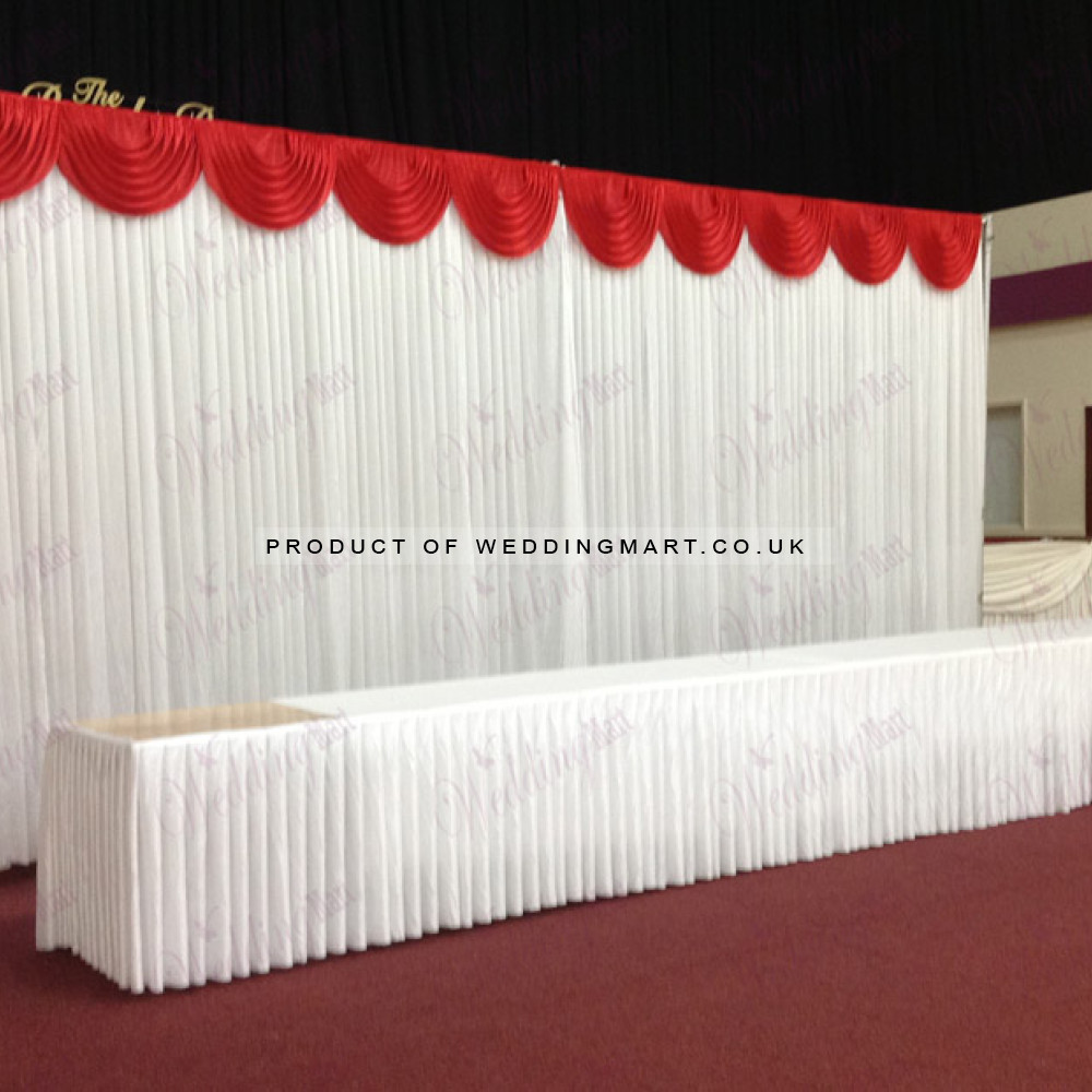 6m White Wedding Backdrop Curtain with Red Detachable Swag – Wholesale Backdrops with Swags for Wedding Decorators | WeddingMart
