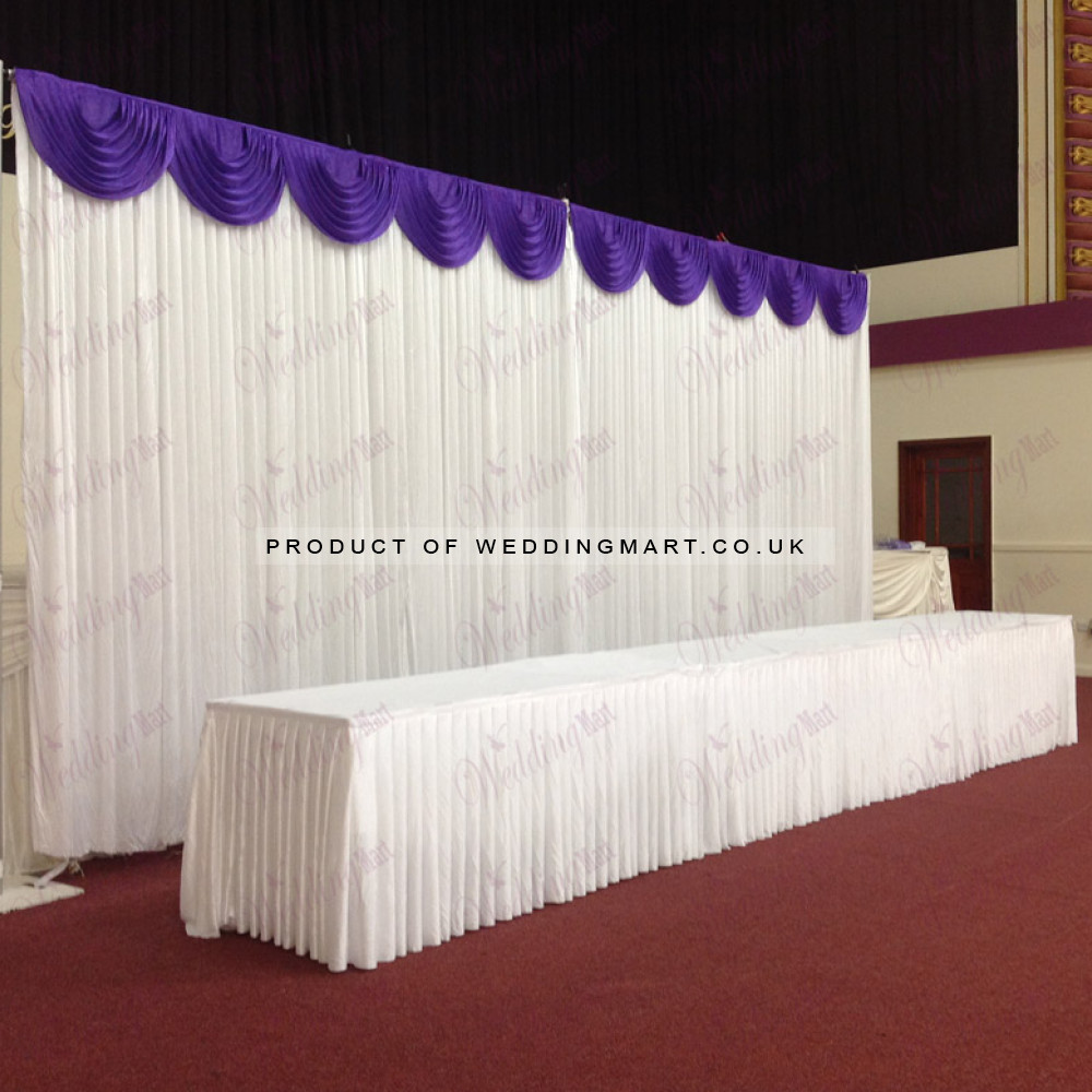 6m White Wedding Backdrop Curtain with Purple Detachable Swag – Wholesale Backdrops with Swags for Wedding Decorators | WeddingMart