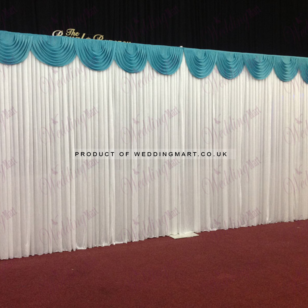 6m White Wedding Backdrop Curtain with Turquoise Detachable Swag – Wholesale Backdrops with Swags for Wedding Decorators | WeddingMart