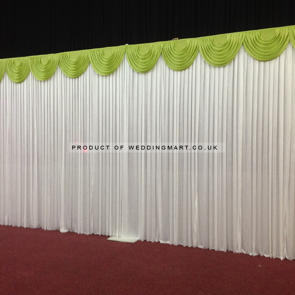 6m White Wedding Backdrop Curtain with Green Detachable Swag – Wholesale Backdrops with Swags for Wedding Decorators | WeddingMart