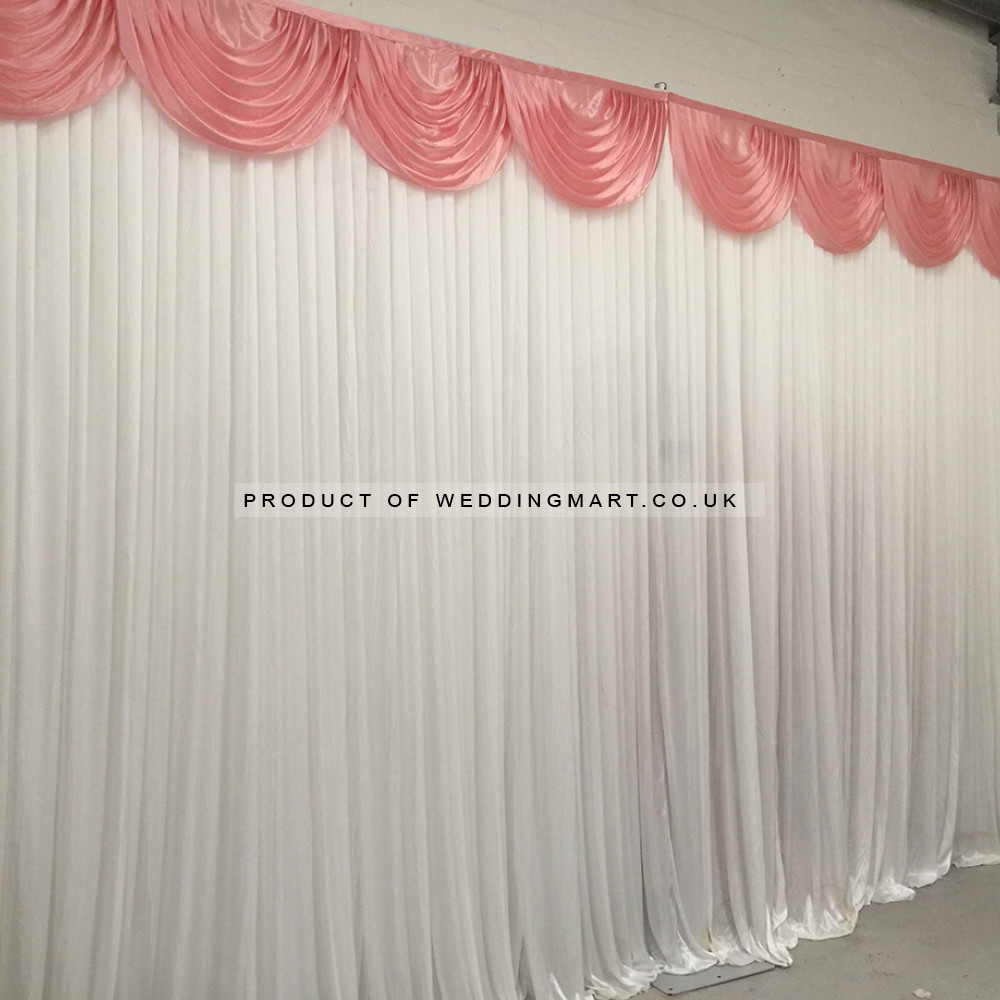 6m White Wedding Backdrop Curtain with Dusky Pink Detachable Swag – Wholesale Backdrops with Swags for Wedding Decorators | WeddingMart