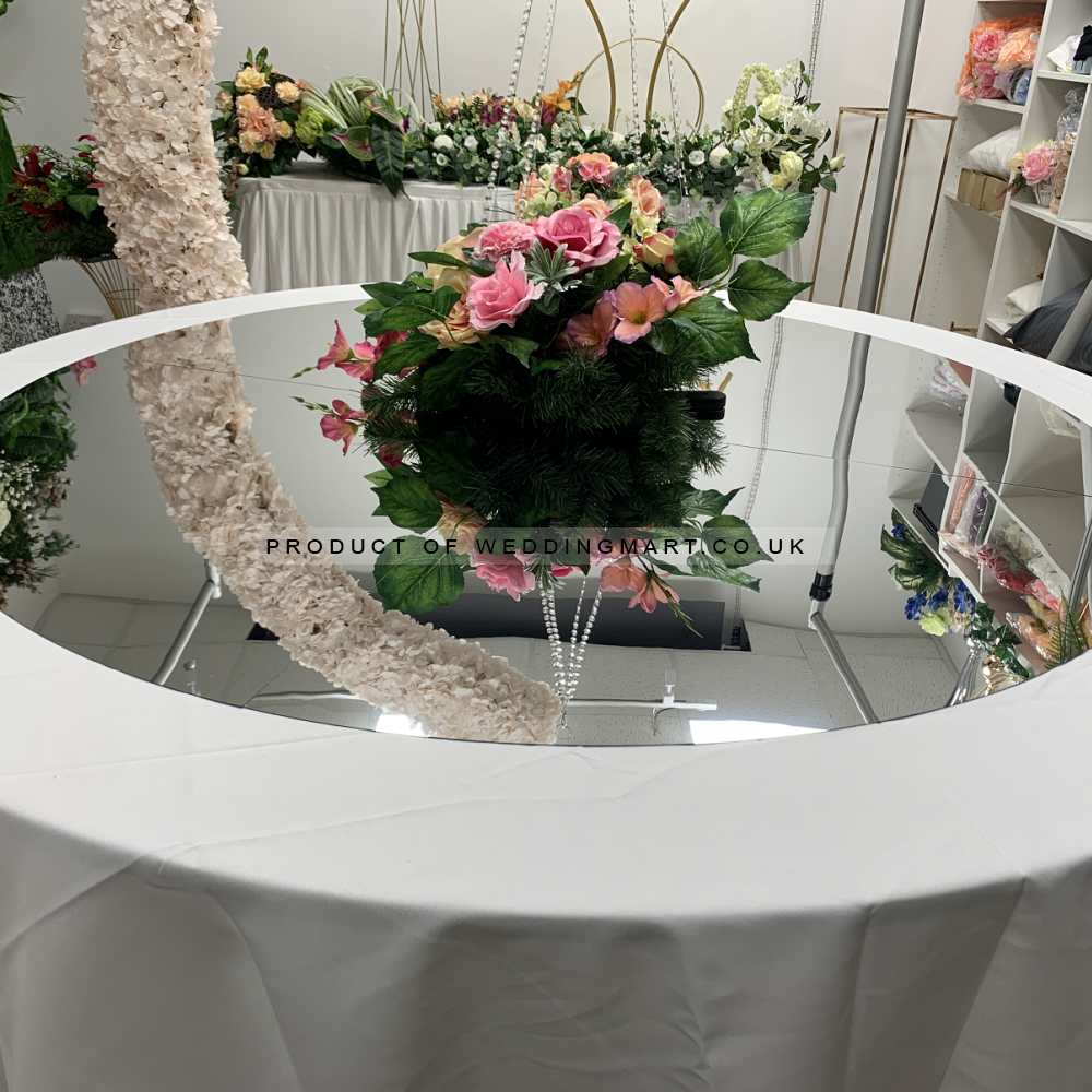 60 inch Wedding Rounded Acrylic Mirror Table Top – Wholesale Accessories for Wedding Decorators | WeddingMart