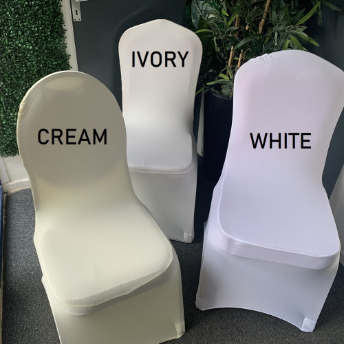 Cream Premium Spandex Chair Covers - FLAT FRONT – Wholesale Premium Chair Covers for Wedding Decorators | WeddingMart