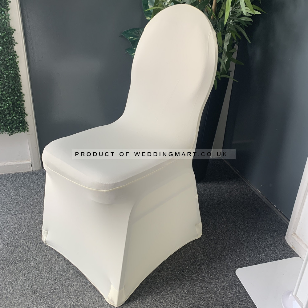 Cream Premium Spandex Chair Covers - FLAT FRONT – Wholesale Premium Chair Covers for Wedding Decorators | WeddingMart