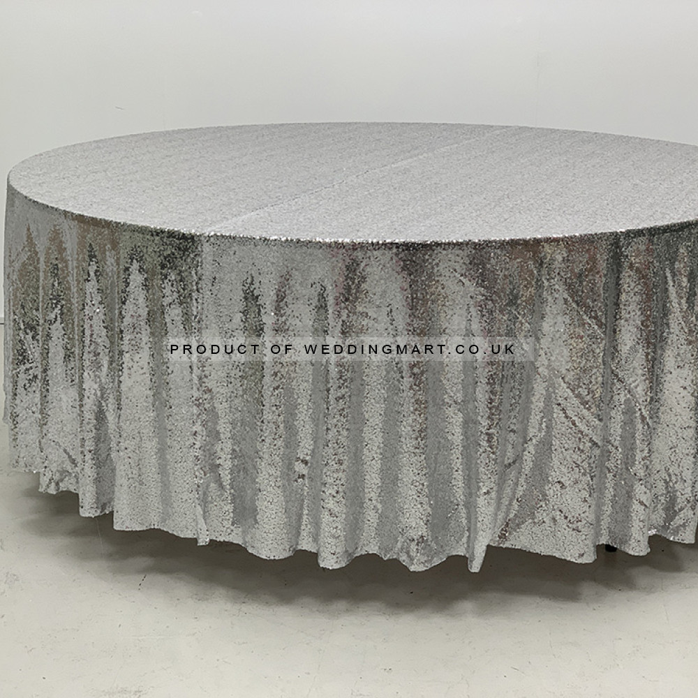 120 inch Round Sequin Table Cloths - SILVER – Wholesale Sequin Tablecloths for Wedding Decorators | WeddingMart