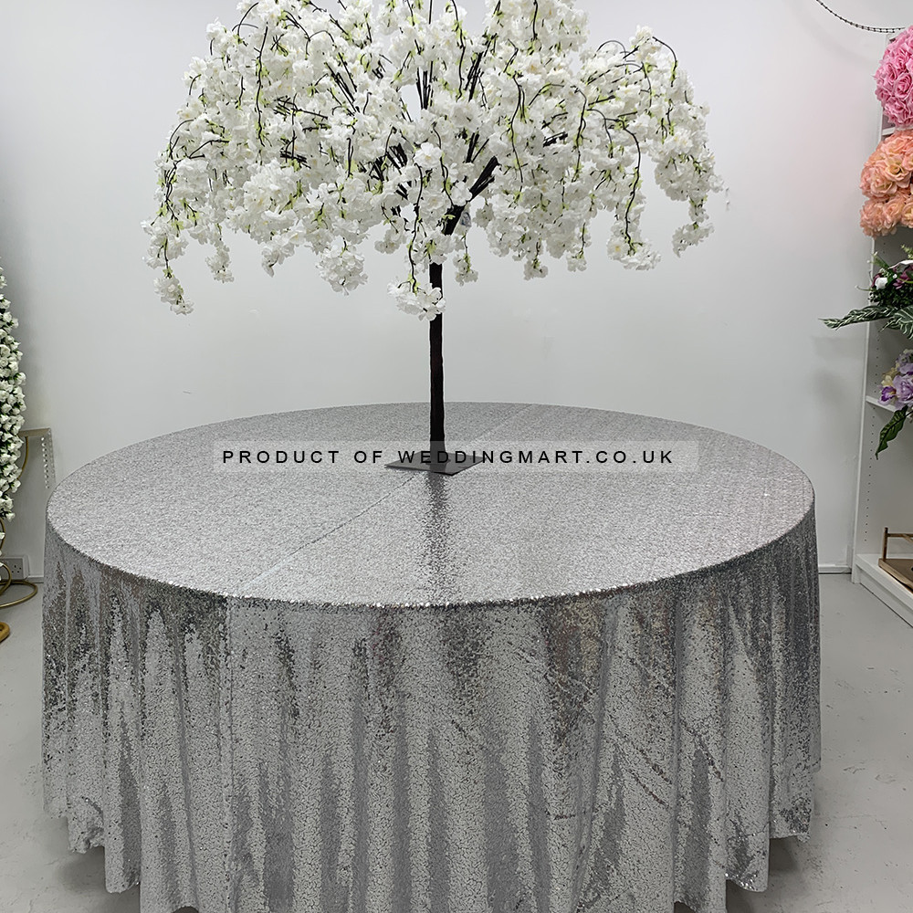 120 inch Round Sequin Table Cloths - SILVER – Wholesale Sequin Tablecloths for Wedding Decorators | WeddingMart