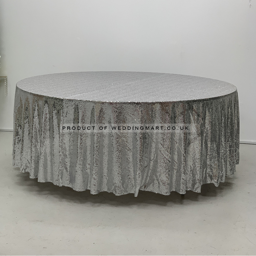 120 inch Round Sequin Table Cloths - SILVER – Wholesale Sequin Tablecloths for Wedding Decorators | WeddingMart