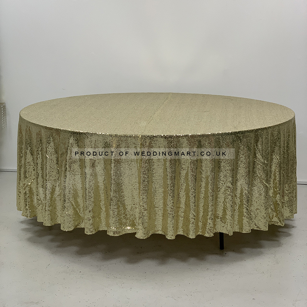 120 inch Round Sequin Table Cloths - GOLD – Wholesale Sequin Tablecloths for Wedding Decorators | WeddingMart