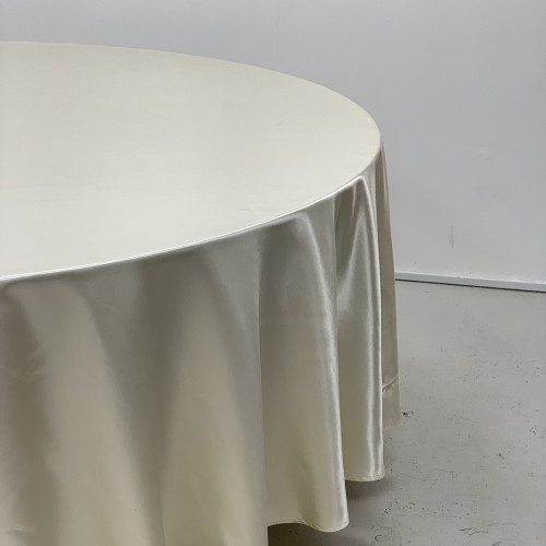 120 inch Heavy Duty Round Satin Table Cloth - Ivory – Wholesale Satin Tablecloths for Wedding Decorators | WeddingMart