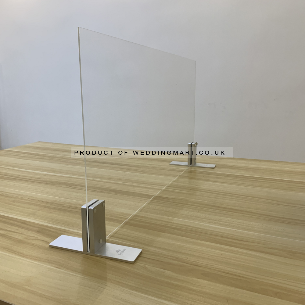 1000mm (w) x 800mm (h) Hanging Acrylic Sneeze Guard Screen with Aluminium Table Stands – Wholesale Pipe and Drape Accessories for Wedding Decorators | WeddingMart