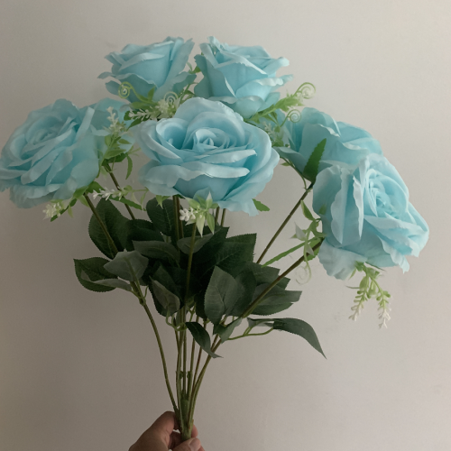 9 Heads Premium Artificial Rose Bouquet - Blue – Wholesale Rose Bouquets for Wedding Decorators | WeddingMart