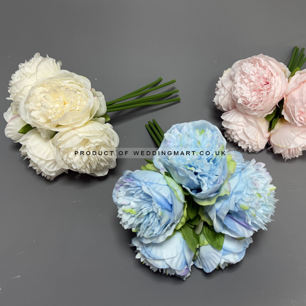 5 Heads Artificial Soft Peony Bouquet - Blue