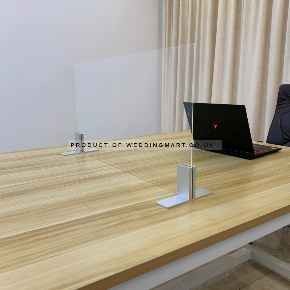 ilver aluminium freestanding table top screen holder with acrylic panel