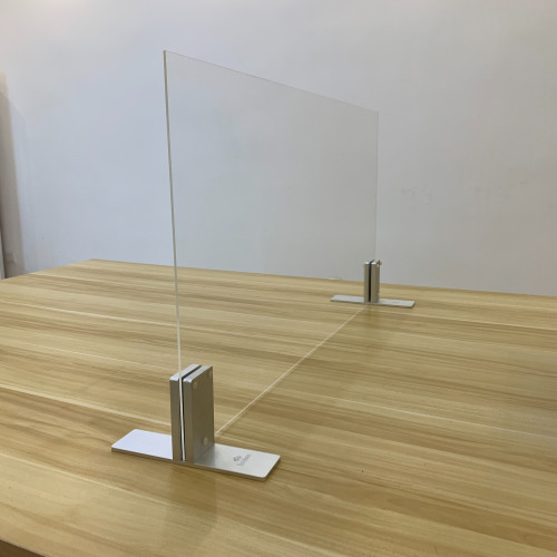ilver aluminium freestanding table top screen holder with acrylic panel