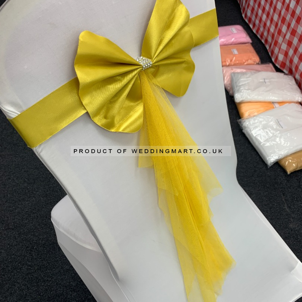 Readymade Chair Bow with Buckles - Gold – Wholesale Readymade Chair Bows for Wedding Decorators | WeddingMart