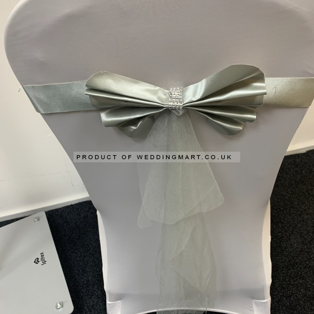 Readymade Chair Bow with Buckles - Silver – Wholesale Readymade Chair Bows for Wedding Decorators | WeddingMart