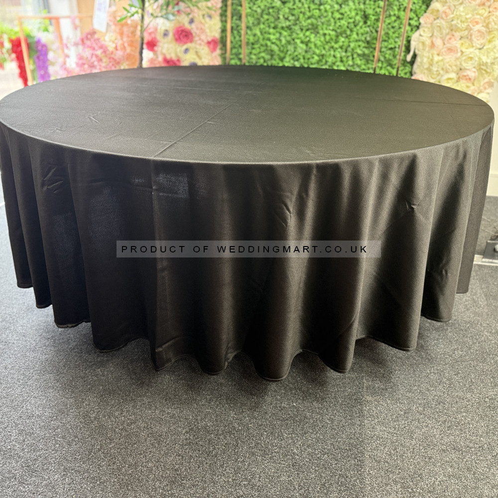 120 inch Heavy Duty Round Satin Table Cloth -  BLACK – Wholesale Satin Tablecloths for Wedding Decorators | WeddingMart