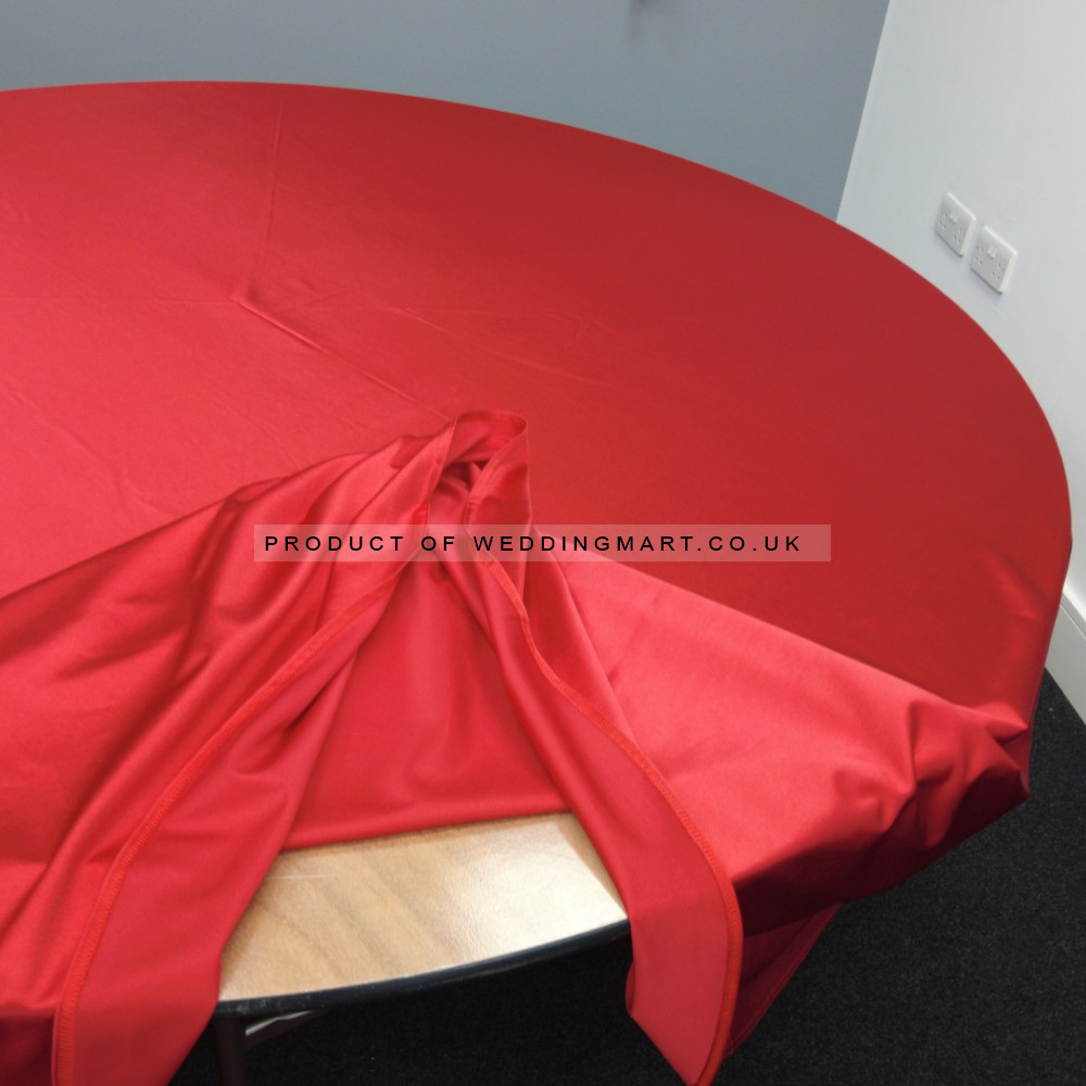 120 inch Heavy Duty Round Satin Table Cloth -  RED – Wholesale Satin Tablecloths for Wedding Decorators | WeddingMart