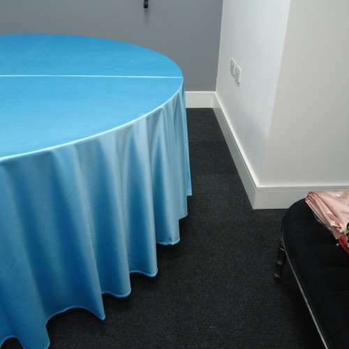 120 inch Heavy Duty Round Satin Table Cloth -  BABY BLUE – Wholesale Satin Tablecloths for Wedding Decorators | WeddingMart