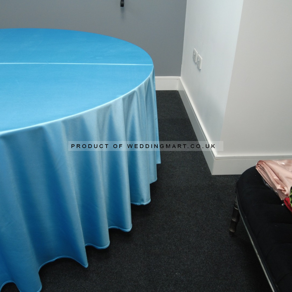 120 inch Heavy Duty Round Satin Table Cloth -  BABY BLUE – Wholesale Satin Tablecloths for Wedding Decorators | WeddingMart
