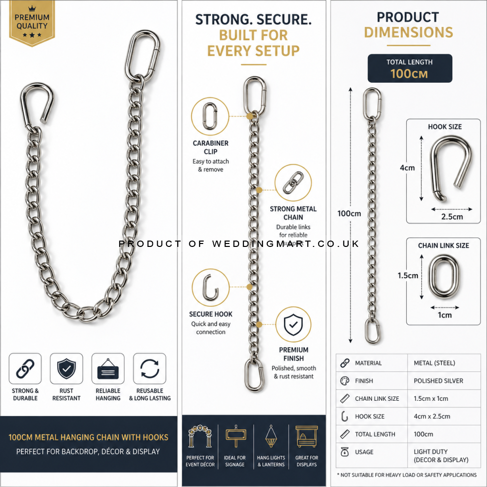 100cm Metal Hanging Chain with Hooks – Carabiner Clip Display Chain for Backdrops, Décor & Signage