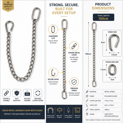 100cm metal hanging chain with carabiner clip and hook for backdrop décor and signage display