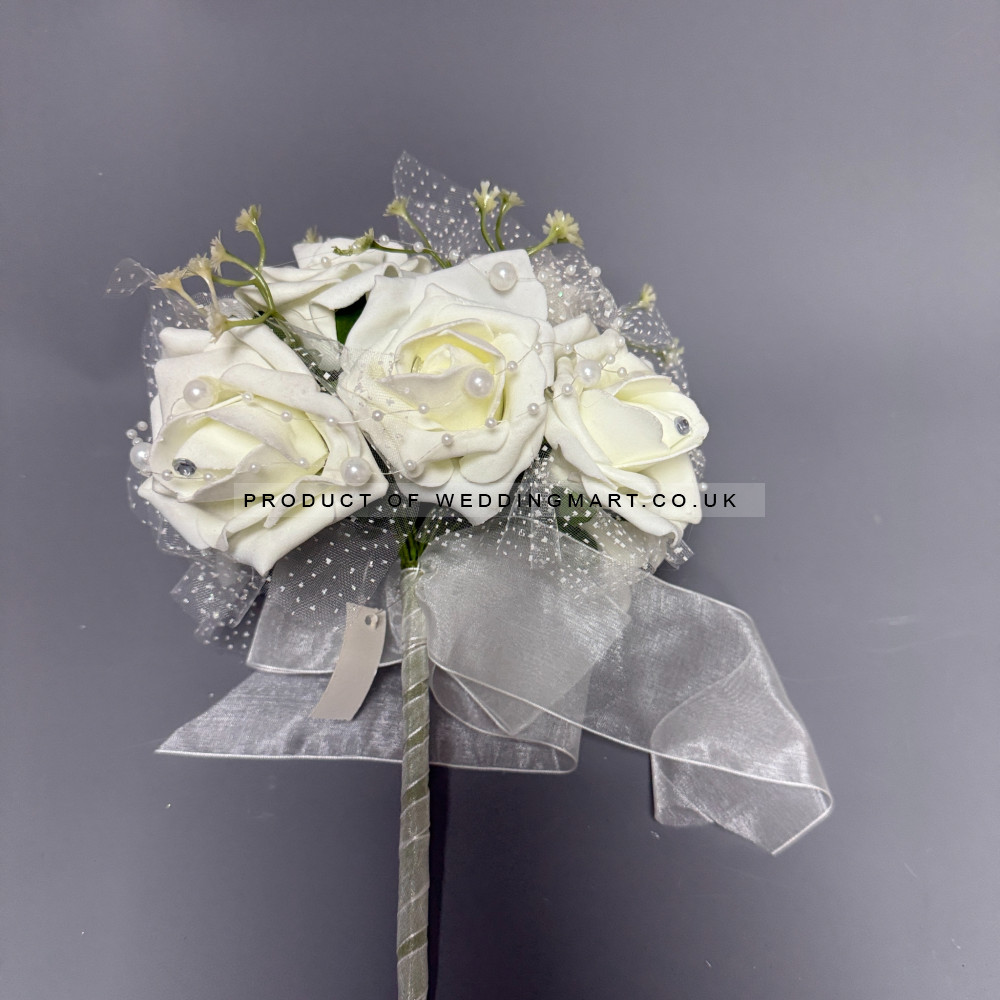 Artificial Ivory Bridal Bouquet with Ribbon – Wholesale Artificial Rose Bouquets for Wedding Decorators | WeddingMart