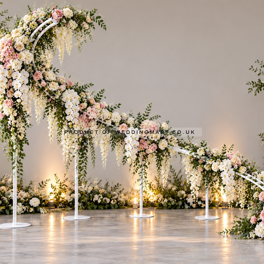 Modern wave curve wedding arch with luxury floral arrangement