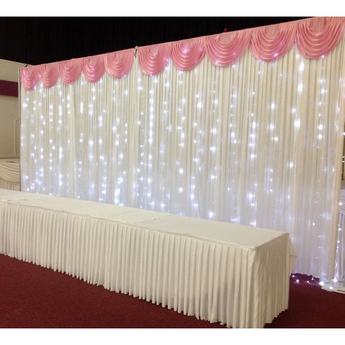 6M Pleated White Wedding Backdrop Curtain with Baby Pink Swag